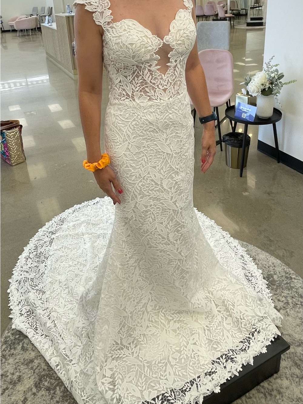 Ivory Lace Fit-and-Flare Wedding Gown with Sheer Floral Bodice